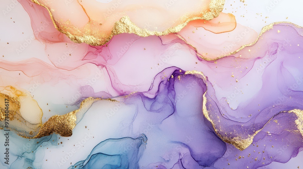 Luxurious alcohol ink art with flowing watercolors, gold accents, and soft rainbow pastels creating a dreamy, feminine feel.