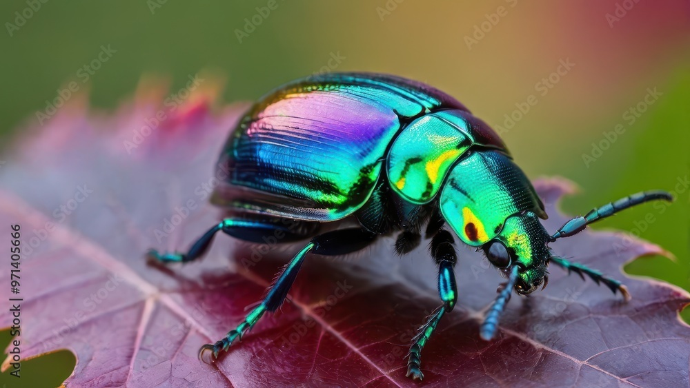 A vibrant, iridescent beetle perched on a colorful leaf, showcasing nature's beauty. A vibrant, iridescent beetle perched on a colorful leaf, showcasing nature's beauty.