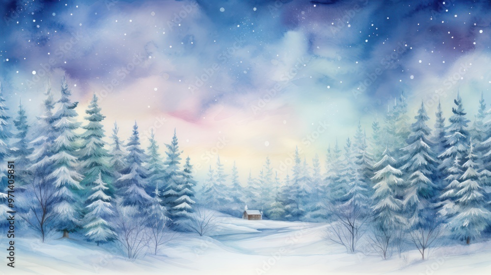 Fototapeta premium Serene Winter Landscape with Snow-Covered Trees and Tranquil Northern Lights in the Sky, Aurora Boreal