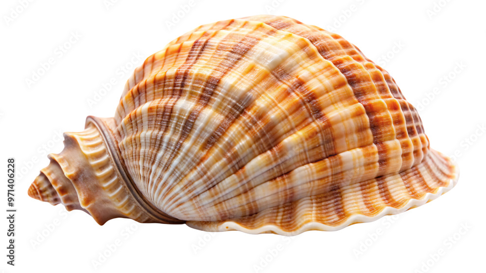 A beautifully striped seashell in warm tones of orange, cream, and brown. Its ribbed texture and spiral form give it an organic, natural appeal, against on a transparent background A beautifully striped seashell in warm tones of orange, cream, and brown. Its ribbed texture and spiral form give it an organic, natural appeal, against on a transparent background