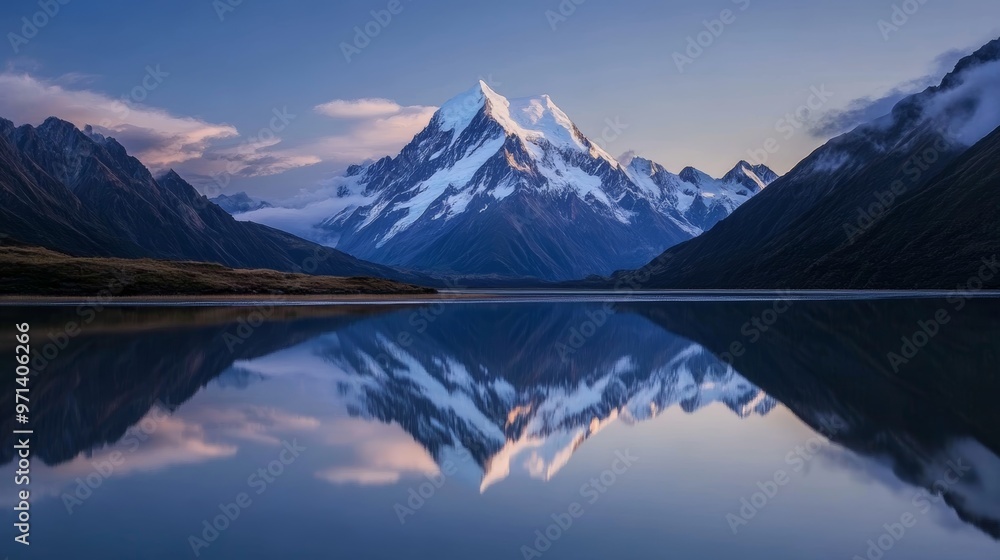 custom made wallpaper toronto digitalSerene mountain landscape with a reflective lake at dawn, showcasing majestic peaks and tranquil water under a clear sky.