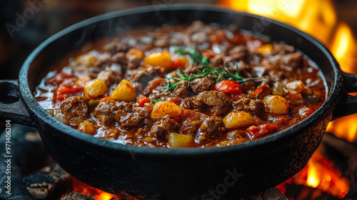 Rustic Goulash Cooking in Cast Iron Pot Over Open Flame Campfire: Traditional Hearty Stew with Meat and Vegetables Outdoors photo