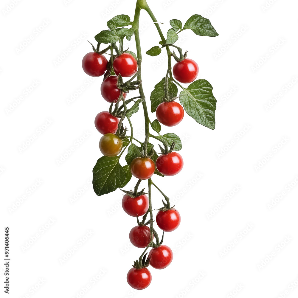 Ripe cherry tomatoes hanging on a vine indoors isolated transparent Ripe cherry tomatoes hanging on a vine indoors isolated transparent
