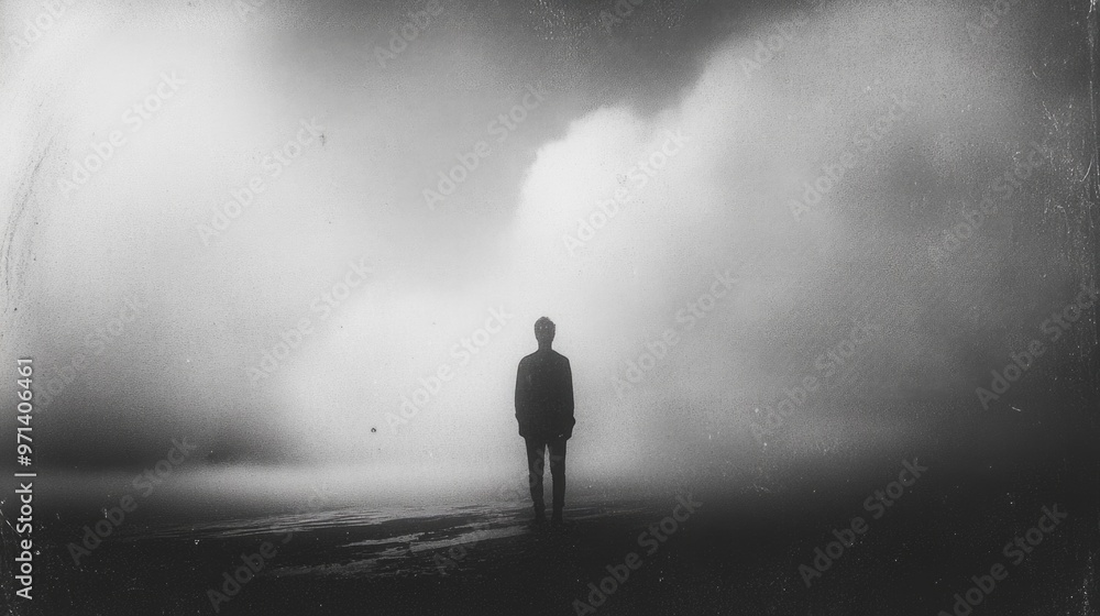 Facing my Faith. Man in foggy weather. Black and white image of a man in fog. Facing my Faith. Man in foggy weather. Black and white image of a man in fog.
