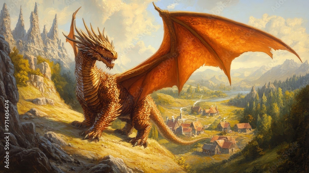 Majestic dragon overlooking a serene village, with mountains in the background and vibrant colors that depict a fantasy realm. Majestic dragon overlooking a serene village, with mountains in the background and vibrant colors that depict a fantasy realm.