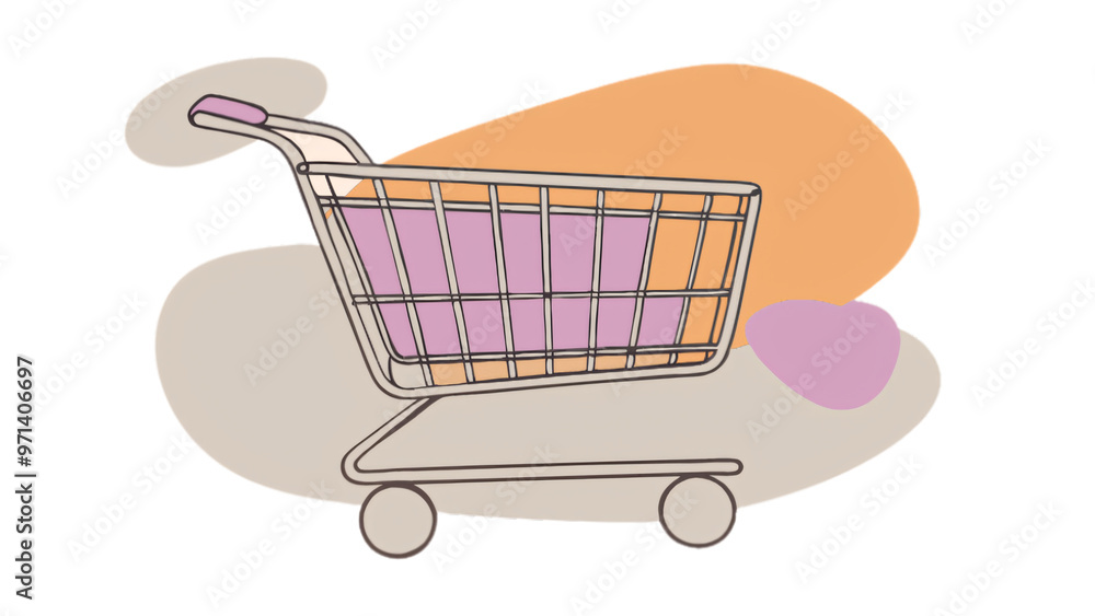 A shopping cart with purple and orange highlights is displayed against a beige background with abstract shapes, suggesting a vibrant, retail-related scene, against on a transparent background A shopping cart with purple and orange highlights is displayed against a beige background with abstract shapes, suggesting a vibrant, retail-related scene, against on a transparent background