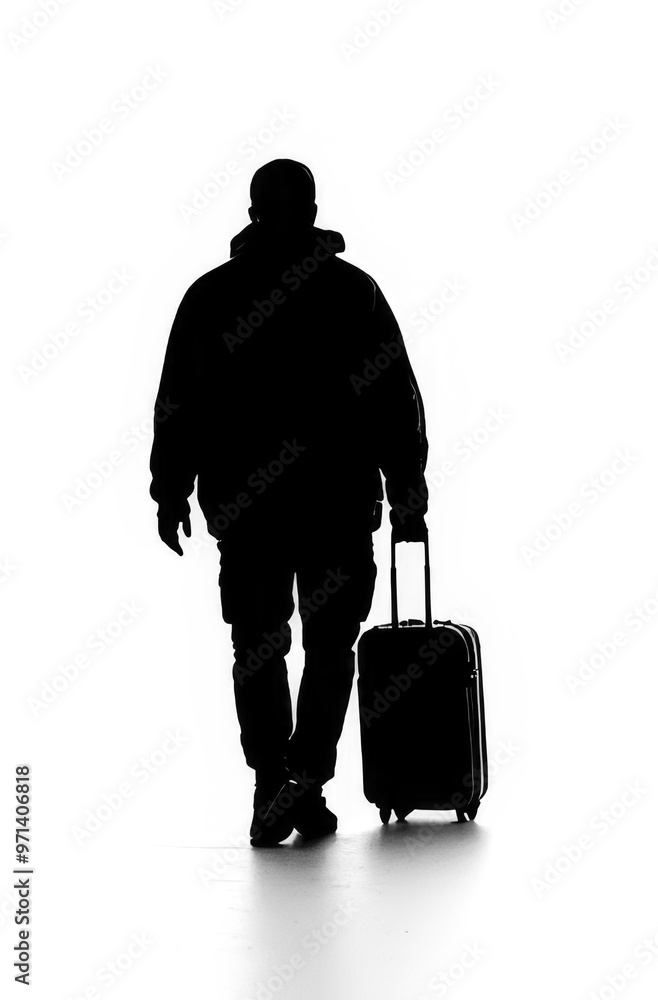 Black silhouette of a person with a suitcase walking away on a white background. Black silhouette of a person with a suitcase walking away on a white background.