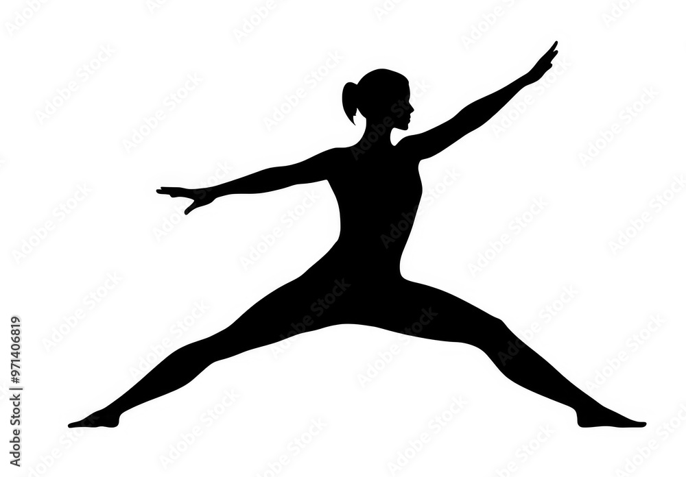 Black Silhouette of a person practicing yoga in a warrior pose on a white background. Black Silhouette of a person practicing yoga in a warrior pose on a white background.