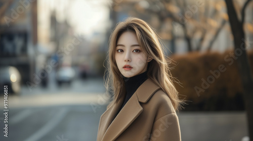 portrait of a beautiful asian girl woman model, fashion model, fashion photography, minimalistic, autumn winter 