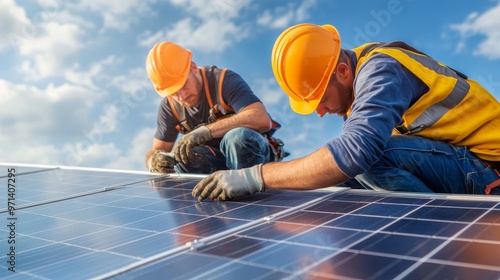 Two workers install solar panels on a roof under a bright blue sky, showcasing renewable energy and teamwork. photo