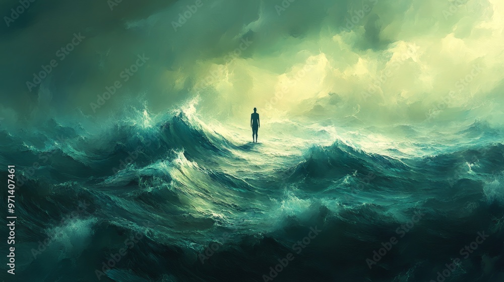 Painting of A solitary figure stands in turbulent waves beneath a dramatic sky, symbolizing struggle and resilience against nature's power. Painting of A solitary figure stands in turbulent waves beneath a dramatic sky, symbolizing struggle and resilience against nature's power.