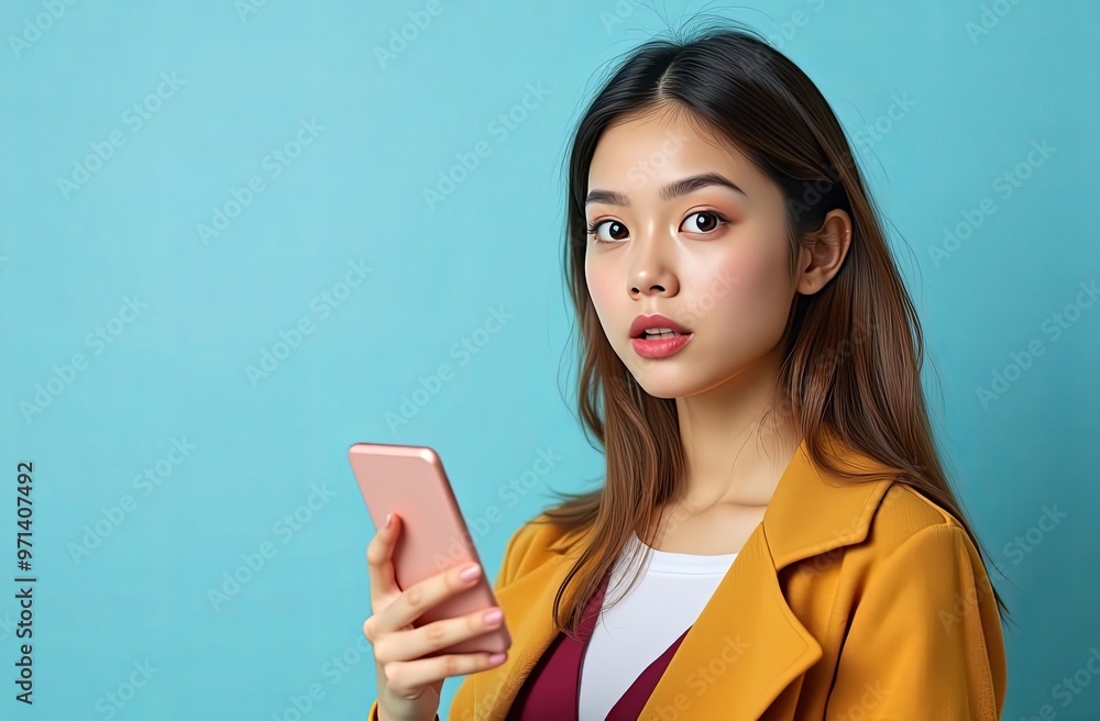 Portrait of a surprised girl with a smartphone in her hands on a blue background Portrait of a surprised girl with a smartphone in her hands on a blue background