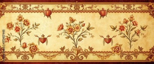 Intricate Floral Design with Ornate Border and Burgundy Accents