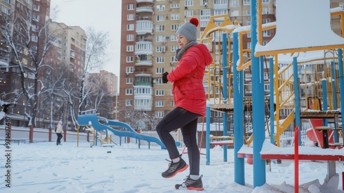 woman exercising in a park in winter