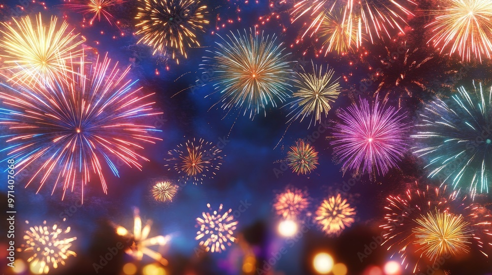 Fototapeta premium Colorful fireworks burst in the night sky, creating a mesmerizing display of light and celebration for various festive occasions.