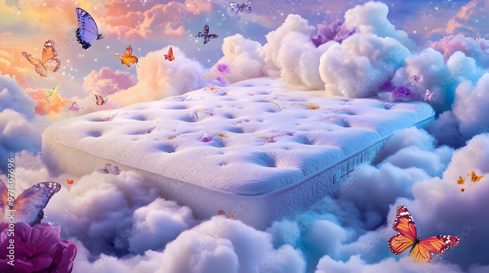 custom made wallpaper toronto digitalThe mattress with fluffy white clouds of cotton, placed in a colorful, dreamlike setting with butterflies and fantasy