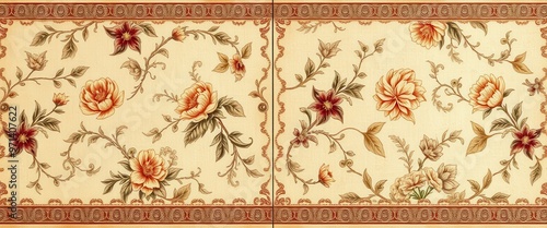 Intricate Floral Pattern on Cream Background with Red and Gold Accents