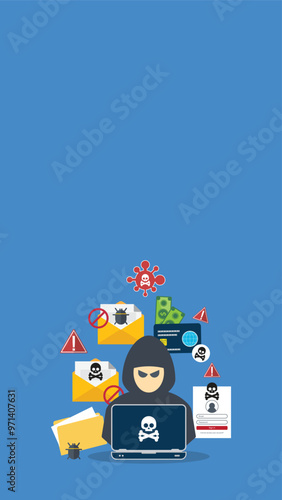 Hacker with laptop computer stealing confidential data, personal information and credit card detail. Hacking concept.	