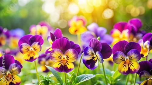 Purple and yellow pansies blooming in a vibrant summer garden