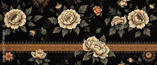 Elegant Gold and Cream Floral Pattern on Black Background