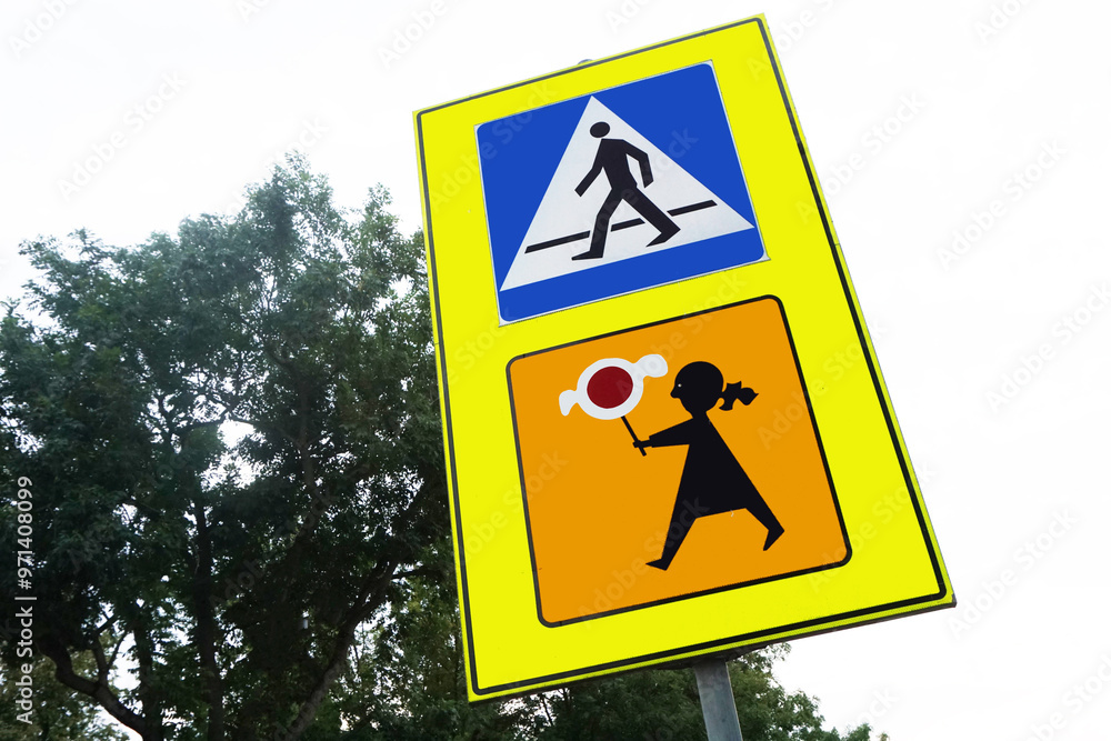 Poor Visability Sign Road warning sign for pedestrian crossing in rainy weather. School zone ...