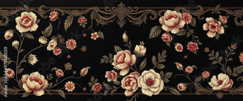 Ornate Floral Pattern with Gold Accents on Black Background