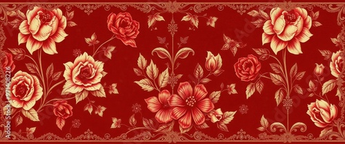 Ornate Floral Pattern with Red and Gold Roses on a Red Background