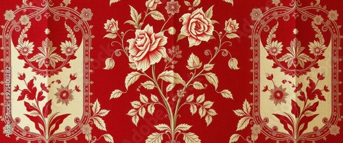 Red and Gold Floral Pattern with Curving Borders