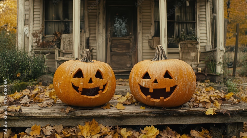 Obraz premium Two carved pumpkins with lit jack-o'-lantern faces sit on a wooden porch surrounded by fallen autumn leaves in front of an old rustic house