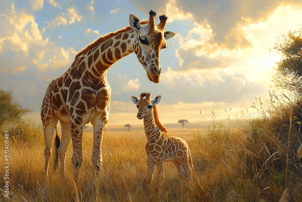 Naklejka premium Tender moment between a mother giraffe and her calf