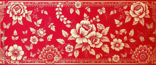 Red Background with Embossed Golden Floral Pattern