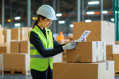 Worker scanning barcodes on products before shipment for quality tracking, traceability, inventory and QC. photo