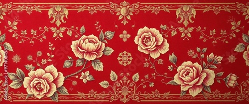 Gold Floral Pattern on Red Background