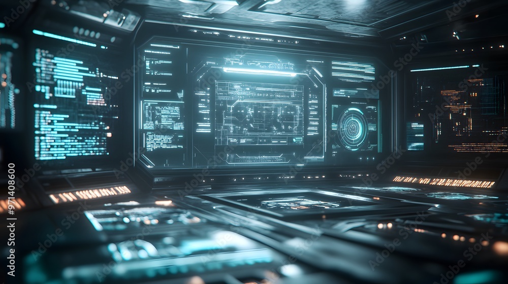 High-tech HUD displays overlapping on a smooth muted background High-tech HUD displays overlapping on a smooth muted background