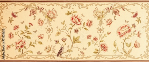 A delicate floral pattern with a bird on a branch
