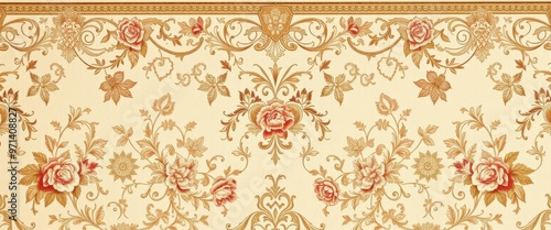 Ornate Floral Pattern with Roses and Swirling Vines on a Cream Background