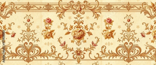 Ornate Gold Floral Design with Red Roses on Beige Background