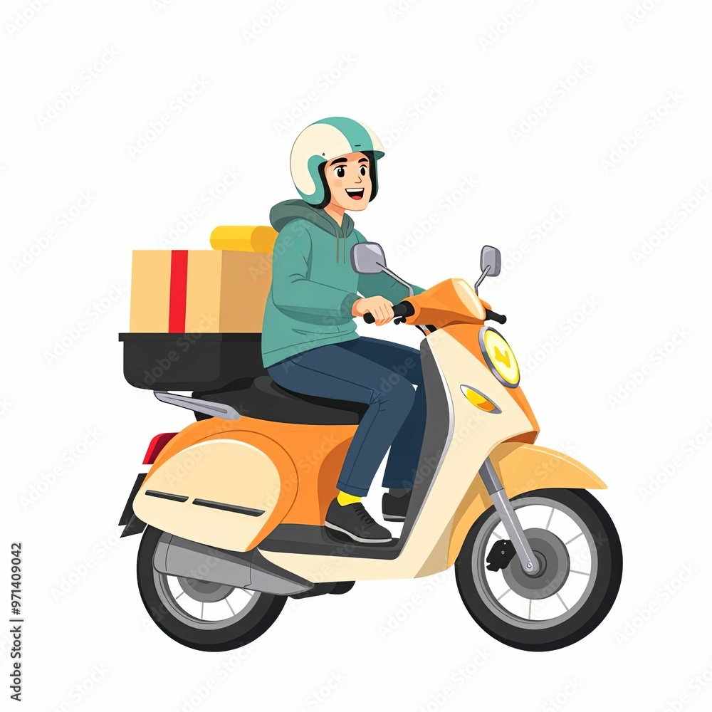 Courier riding orange scooter delivering package with copy space
Courier riding orange scooter delivering package with copy space