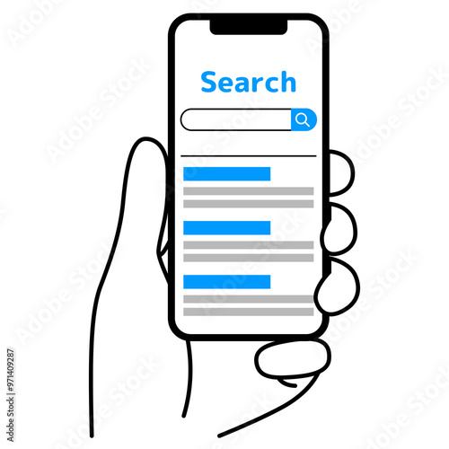 検索の画面が表示されているスマートフォンを持つ手