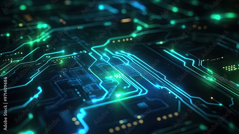 Fototapeta premium Futuristic circuit board wallpaper with glowing blue and green lines, representing technology and connectivity in an abstract design.