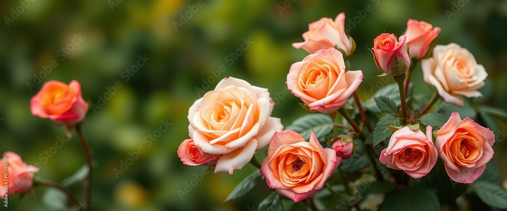 Peach-Colored Roses Blooming on a Green Bush Peach-Colored Roses Blooming on a Green Bush