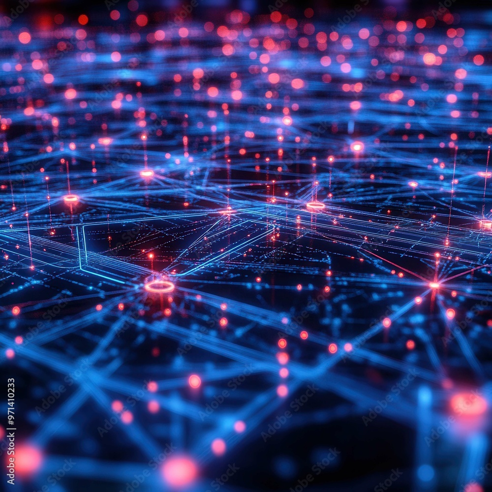 Abstract digital network with glowing nodes and lines, symbolizing technology, connectivity, and data transmission. Abstract digital network with glowing nodes and lines, symbolizing technology, connectivity, and data transmission.