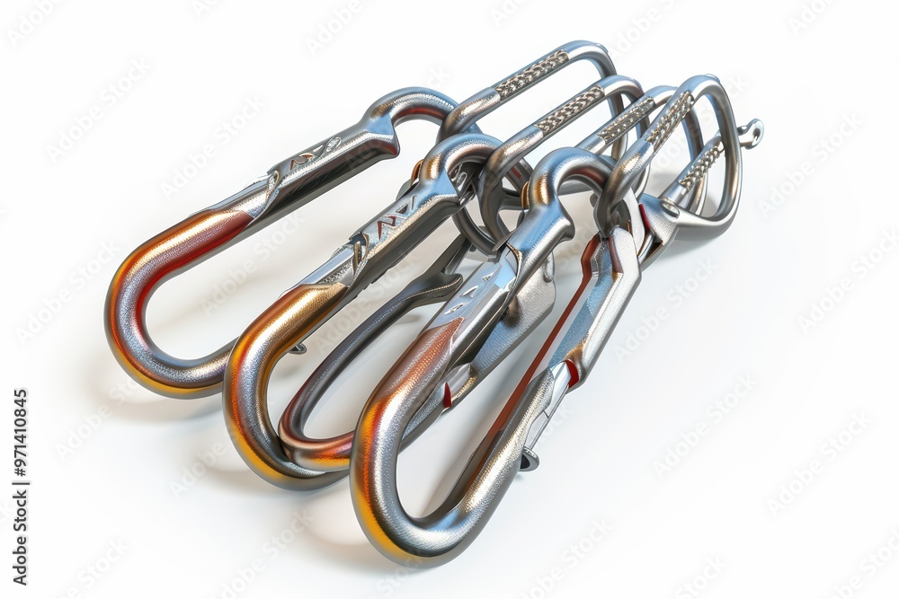 A set of shiny metal carabiners stacked together, ideal for climbing, outdoor adventures, and camping equipment showcases. A set of shiny metal carabiners stacked together, ideal for climbing, outdoor adventures, and camping equipment showcases.