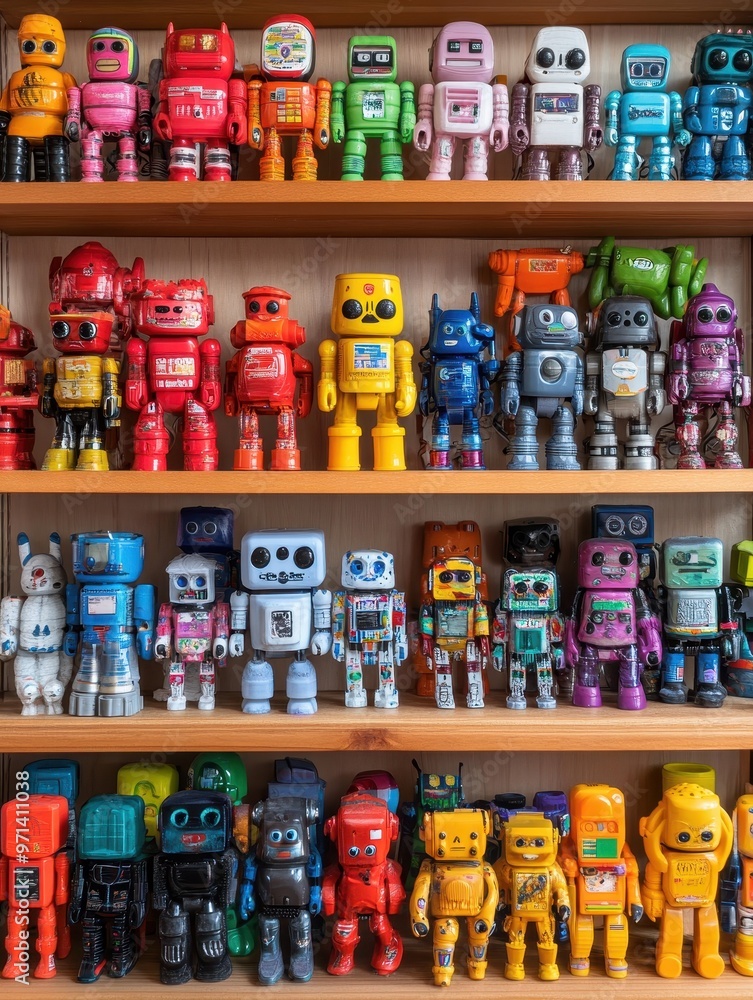 Fototapeta premium Eclectic Robot Figurines Made from Upcycled Plastic Toys on Display Shelf