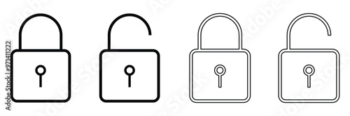 Lock icon collection. Locked and unlocked black line icon set. Flat security symbol. Lock symbol isolated on white background. Padlock symbol. Privacy symbol vector stock illustration. Eps file 78.