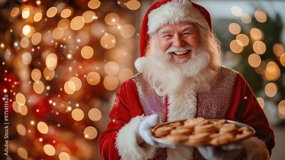 Santa Claus with a joyful smile, offering a plate of cookies, standing in a festive room decorated with glowing lights and holiday cheer. Santa Claus with a joyful smile, offering a plate of cookies, standing in a festive room decorated with glowing lights and holiday cheer.