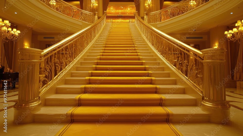 Obraz premium Luxurious golden staircase draped with a yellow carpet, set against a lavish, upscale interior design with warm, glowing lights.