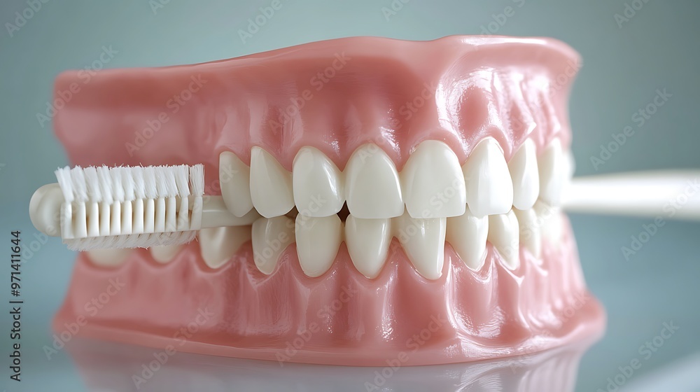 Obraz premium A model of healthy teeth with a toothbrush gently resting against the surface, highlighting proper brushing technique