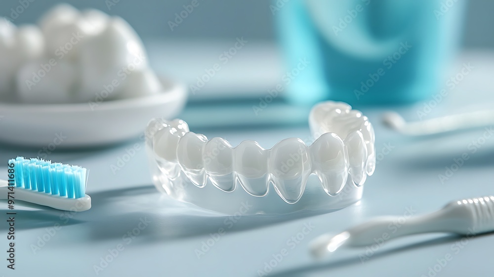 A pristine white set of dental retainers displayed with a toothbrush and floss on a sterile background A pristine white set of dental retainers displayed with a toothbrush and floss on a sterile background