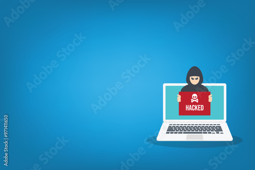 Hacker with hacked note, stealing confidential data, personal information and credit card detail. Hacking concept.	